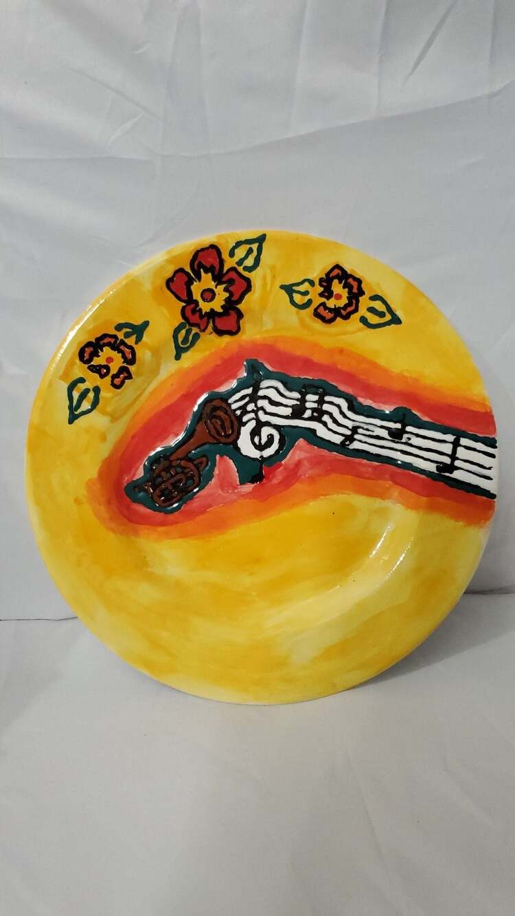 Hand Painted Italian Ceramic Decorative Plate with Musical Instrument Motif